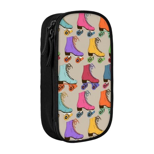 カラフルなローラースケートペンケース 筆箱 文具ケース おしゃれ 筆袋 鉛筆ケース 鉛筆のサック 中高校生 軽量 収納バッグ 学生 子供 誕生日 入学ギフト 大容量 ダブルレイヤーBlack
