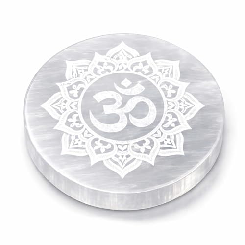 New Age Crystal Selenite Charging Plate Om Symbol | Natural Crystal Cleansing & Charging Plate for Crystals | Selenite Crystal Charger for Stones | Healing Meditation Energy Plates | 3 Inch