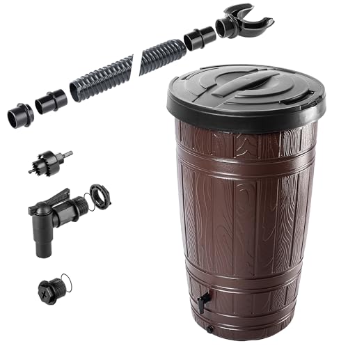 KADAX Tanque de agua de lluvia de 265 litros, barril de lluvia de plástico, barril de lluvia con tapa, grifo y juego de conexión, depósito de agua de lluvia, depósito de agua (marrón)