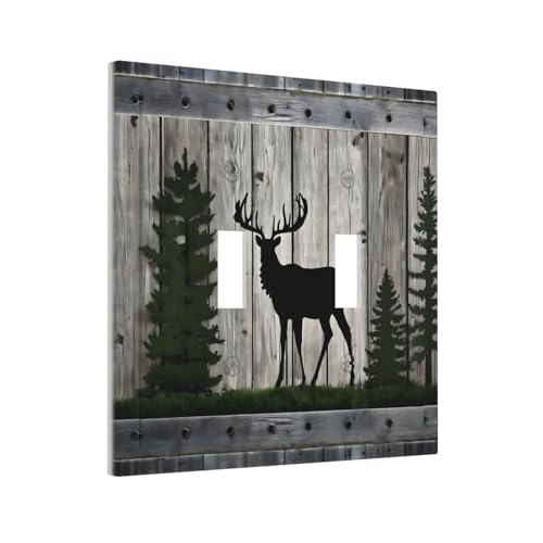 Decorative Light Switch Cover Plate Rustic Deer Elk Forest Grey Wood Board 2 Gang Wall Plate Oversized Double Toggle Two Switch Wall Cover Plate Dual Device Faceplate