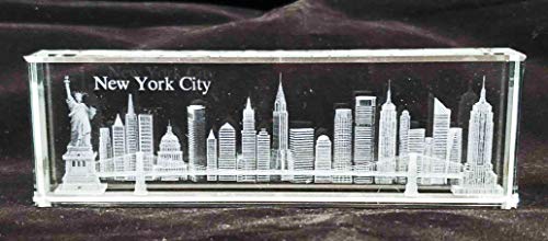 New York Souvenir Nyc Skyline 3D Crystal Laser Etched Glass Paperweight 5"W X 1.6"H #TOP27