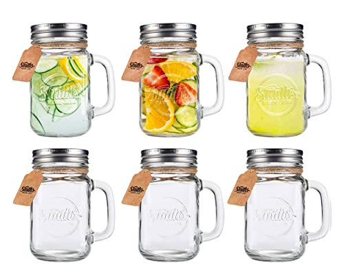 Smith's Mason Jars Lot de 6 Tasses Mason Jar 16 oz Avec Couvercles à Vis | Verres à Boire Idéaux Pour Faire de l'avoine et des Smoothies Pendant La Nuit | Toutes les Balises Sont Présentes