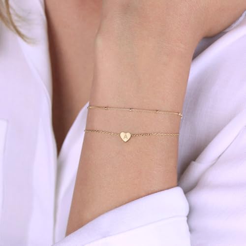 Turandoss Dainty Heart Initial Bracelets for Women Girls, 14K Gold Filled Handmade Personalized Letter Layered Heart Initial Bracelets for Women Teen Girls Jewelry Gifts4
