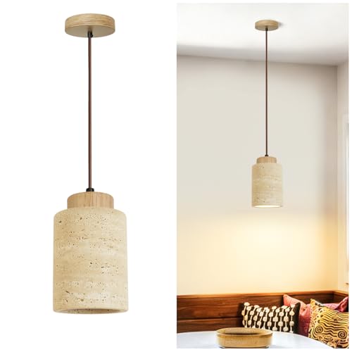 Japanese Style Wabi-Sabi Pendant Light Natural Yellow Travertine and Solid Wood Mini Pendant Lights, Compatible with E26 Bulb Socket, for Kitchen Island, Dining Room, Bedside, and Bar (Wood Color)