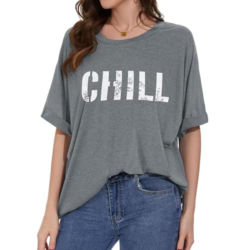 Oversized T-Shirt for Women Summer Short Sleeve Casual Basic Tee Tops Loose Fit Shirts(Grey White Letters,Small)