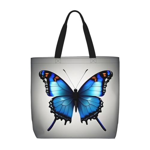 FBGHHTY Una bolsa de hombro de gran capacidad con estampado de mariposa azul para mujer, reutilizable, ligera, para viajes diarios