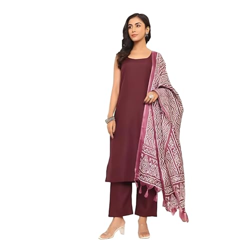 Image of Varanga Women's Violet Strap Kurta with Tonal Bottom & Printed Dupatta - Round Neck, Side Slit Design, Stylish & Comfortable