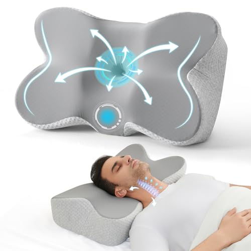 JOLLYVOGUE Cervical Neck Pillow for Pain Relief Memory Foam Side Sleeper Pillow with Cooling Pillowcase, Ergonomic Design for Back Stomach Sleepers, Medium, Grey