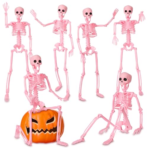 Geelin 6 Pack Halloween Hanging Skeleton Decoration 16 Posable Pink Plastic Skeleton with Movable Joints Small Spooky Scary Hanging Skeletons for Yard Garden Lawn Haunted House and Graveyard Props