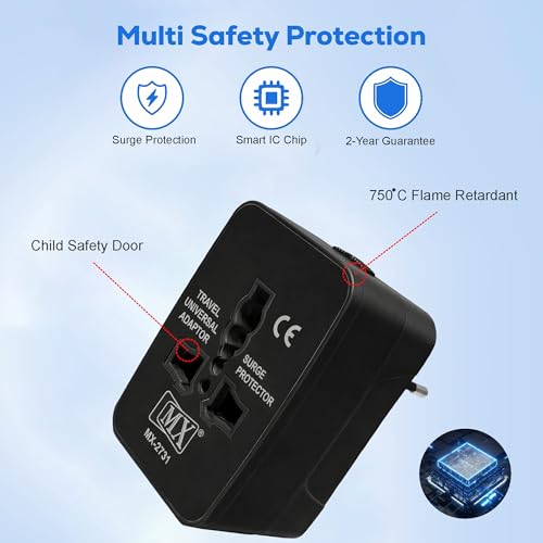 Image of MX Universal Travel Adapter All in One Worldwide Plug Adapter, International Travel Plug Converter Multi Plug Pin with Surge Protector, 3 Pin Universal Socket Adapter for UK, Europe, USA, China, Japan