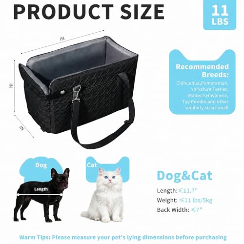 Bolfie Center Console Dog Car Seat for Small Dogs, Elevated Pet Booster Seat with Safety Leash & Pocket, Washable Puppy Car Seat, Stable Armrest Dog Bed for Small Dogs & Cats Under 12 lbs, Black