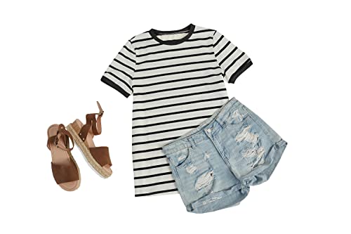 Womens T Shirt Short Sleeve Crew Neck Basic Color Block Tee Tops Striped Black