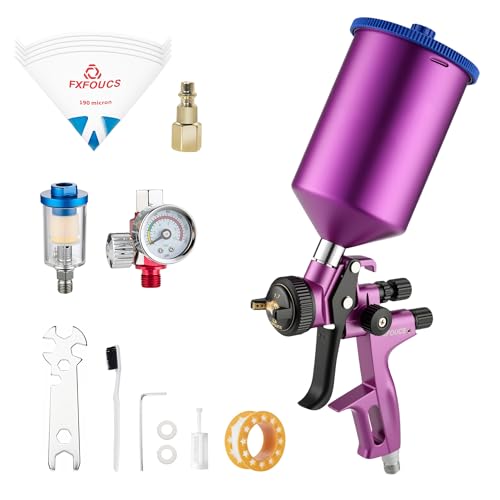 FXFOUCS HVLP Spray Gun with 1.7mm Nozzle, Car Paint Gun Premium Tool Kit Perfect for a Wide Range of Applications Including car & Automotive Painting, Furniture and House Finishing (Purple, 1.7mm)
