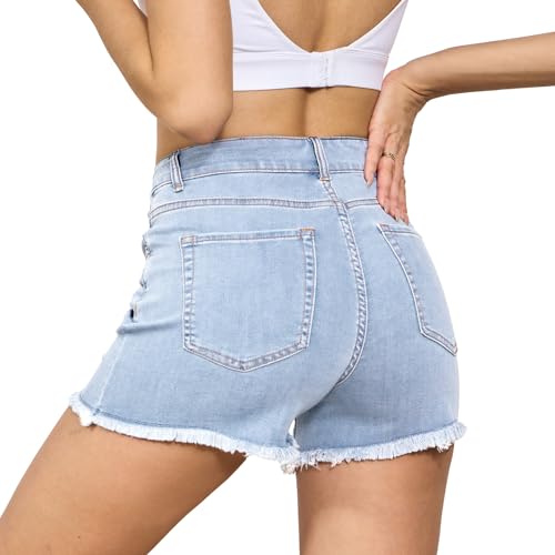 Image of VIPONES Women Mid Rise Jeans Shorts Frayed Raw Hem Summer Stretchy Casual Denim Shorts