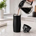 Stainless Steel Travel Mug with Spill-Proof Lid, Vacuum-Insulated Reusable Cup for Coffee and Tea, Matte Black, 16 oz