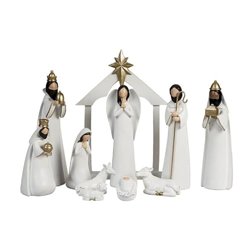 Misterio Nacimiento Moderno Minimalista de 10 Piezas con Portal Reyes y Animales Blanco y Dorado de Resina 25 cm