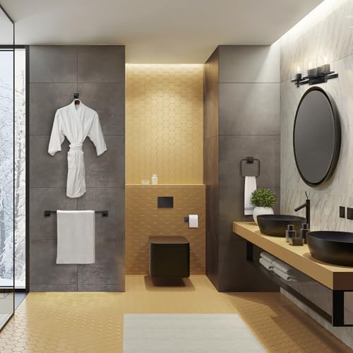 Image of Globe Electric 51634 Dakota 5-Piece All-in-One Bathroom Set 3 Vanity Light with Seeded Glass Shades, Bar, Toilet Paper Holder, Towel Ring, Robe Hook, Matte Black