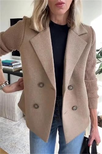 Women's Lapel Button Knitted Patchwork Sleeve Casual Coat Cropped, 2025 New Pea Coat Double Breasted Blazer Sweater For Women3