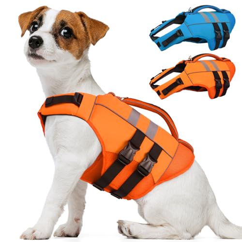 Kuoser Small Dog Life Jacket, High Flotation Puppy Safety Vest for Swimming Boating, Reflective Doggie Water Vest Pet Life Preserver with Rescue Handle, Orange S