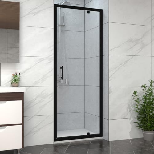 NRG 700mm Black Framed Bathroom Shower Enclosures Pivot Door with 800x700mm SMC Rectangle Shower Tray White