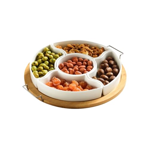 Plato giratorio para aperitivos, bandeja dividida de 5 compartimentos, dispensador extraíble, ideal para frutas secas, nueces, almacenamiento de dulces, entretenimiento, picnics, camping, fiestas de