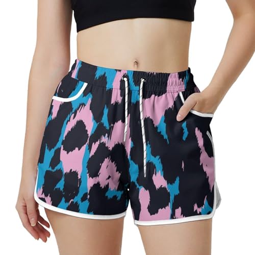 AYUNIX Women's Running Shorts with Pockets Quick Dry Performance Shorts for Women Pink Leopard Print Athletic Workout Shorts