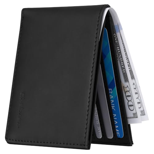 Image of Chelmon Genuine Leather Slim Wallet for Men ID Window with RFID Blocking Minimalist Front Pocket Mens Bifold Bussiness Card Holder Gift for Men, Craze Horse Black