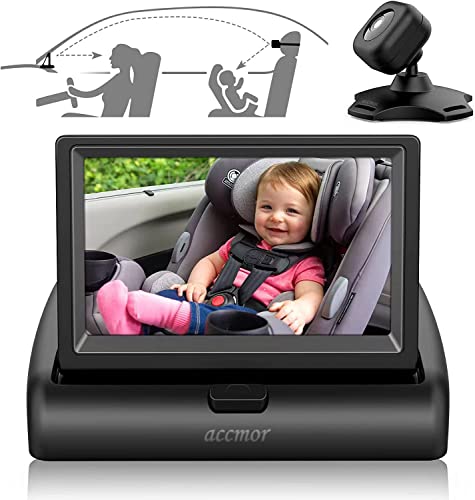 Image of Baby Car Mirror by Accmor, HD Night Vision Function 360° Rotation Car Camera with Folding Display, View Child Infant in Rear Facing Seat,Black
