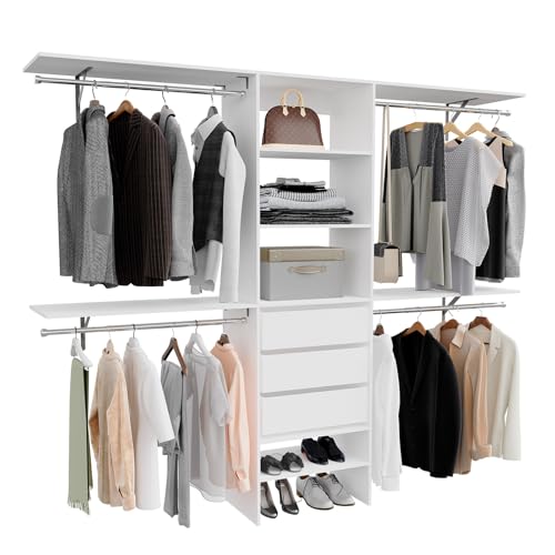 96-inch-Closet-System-with-3-Drawers-4-Hanging-Rods-and-4-Shelving-Towers-Heavy-Duty-8FT-Walk-In-Organizer-with-Built-In-Garment-Rack-Adjustable-Storage-White 96 inch Closet System with 3 Drawers 4 Hanging Rods and 4 Shelving Towers Heavy Duty 8FT Walk In Organizer with Built In Garment Rack Adjustable Storage White
