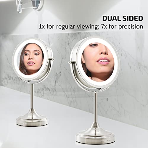 Image of OVENTE 7'' Lighted Tabletop Makeup Mirror, 1X & 7X Magnifier, Spinning Double Sided Round LED, Great for Vanity, Bath, & Bedroom, Battery Powered, Nickel Brushed MCT70BR1X7X (Pack of 2)