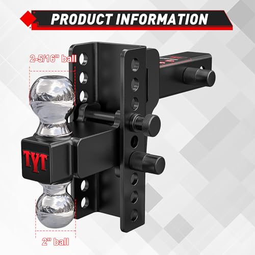 Image of TYT Adjustable Truck Trailer Hitch for 2 inch Receiver, 6 inch Drop /Rise Tow Hitch with Dual Balls (2 inch & 2-5 /16 inch), Compatible with Heavy-Duty Trailer Systems up to 20,000 lbs, Includes Hitch Tightener