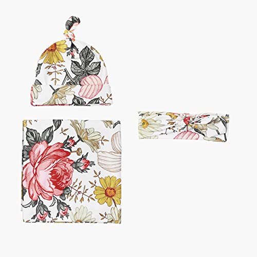 Image of BxuanW Newborn Swaddle Blanket Headband Hat Set Baby Girl Print Receiving Blanket New Born Hospital Outfit Infant Shower Gift 0-3 Months