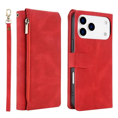 Étui iPhone 17 Pro rouge en cuir véritable avec clapet chic de protection