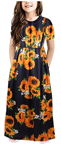 Miss Bei Girl Summer Waist Maxi Dresses Loose Floral Print Casual Long Dresses with Pockets 4-16Years AS-Sunflower 150CM