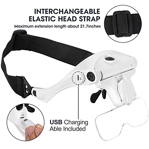 Magnifying Glasses With Light For Close Work, Rechargeable Hands-Free Headband Magnifier With 5 Detachable Lenses 1X, 1.5X, 2X, 2.5X 3.5X, Suit For Jewelers, Reading, Cross Stitch, Dental Loupes #TOP5
