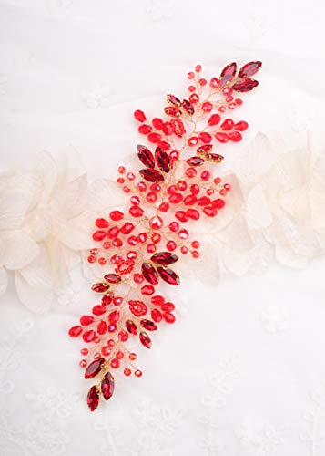 Kercisbeauty Bride Hair Accessories Red Crystal Hair Vine Gold Headband Evening Party Prom Women Hair Piece Vintage Wedding (Red) #TOP1