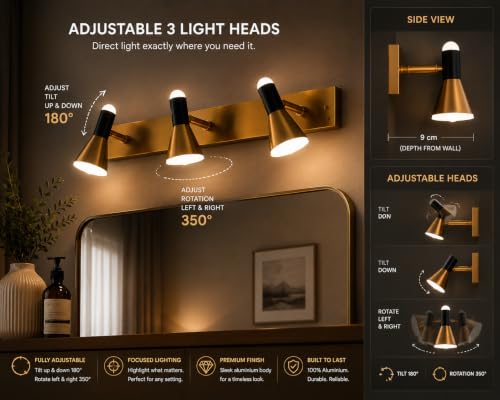 Image of FILLISKA 3 in 1 Double Wall spot /Picture /Display /Mirror Light with Adjustable Head and Colour Changing Function (18 Watt Black & Gold-747)