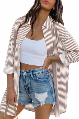Image of FSHAOES Womens Oversized Button Down Shirts Casual Loose Long Sleeve Solid Lapel Long Blouses Tops with Pockets