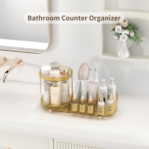 Image of Rotating Makeup Organizer for Vanity, 2 Perfume Trays with 5 Compartments Cosmetic & Skincare Storage, Space Saving Beauty Organizers, Multi-Purpose Countertop Organizers for Bathroom, Desktop, Pantry