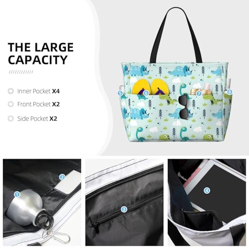Dinosaur Pattern Extra Large Tote Bag For Women,Foldable Beach Bag With Pocket Weekender Travel Overnight Bag3