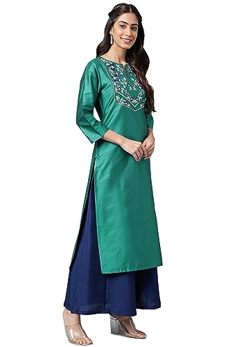 Image of Janasya Women's Peacock Green Poly Silk Yoke Embroidered Straight Kurta
