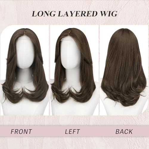 Image of FESHFEN Lace Front Hairline Wigs with Bangs, Synthetic Natural Looking Long Layered Straight Hair Wig for Women Daily Party Costume, 18 inch Medium Brown