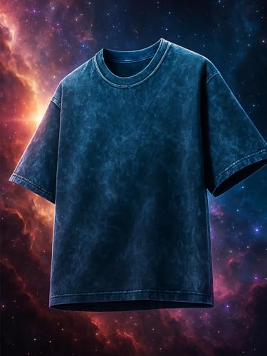 Image of Veirdo Heavy GSM Pure Cotton Acid Wash Print Round Neck Half Sleeve Oversized Fit Drop Shoulder T-Shirt for Men (Colors: Black, Navy, Green & Brown)