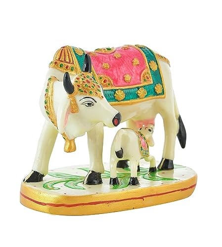 Image of SEVLIYA Traders Polyresin Jai Cowstatue /Showpiece /Murti Gift & Home Decor Marble Dust, Showpiece For Home Decor, Handmade Divine Cow, Mother Cow With Baby Calf, Kamdhenu 7X4 Inch, White