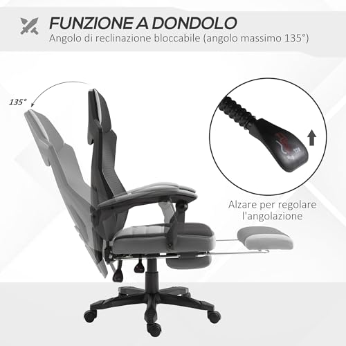 Sedia da Ufficio Ergonomica con Poggiapiedi Retrattile e Schienale Alto, Sedia da Scrivania Reclinabile Girevole con Altezza Regolabile, Supporto Lombare, in Tessuto a Rete, Grigio - Sedia gaming - Immagine 4