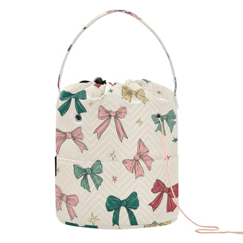 Image of ElliTarr Crochet Bag Yarn Bag with Handle Portable Knitting Project Bag Travel Yarn Storage Organizer Holder Case Bows and Stars Beige
