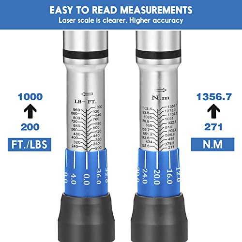 Image of BULLTOOLS 1-Inch Drive Click Torque Wrench, Dual-Scale Adjustable Torque Wrench Set with a Hex Key 200-1000ft.lb / 271-1356.7Nm