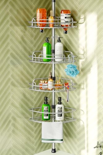 HAMITOR Corner Shower Caddy Tension Pole: 4-Tier Rust-Resistant Adjustable Bathroom Organizer Shelves - 47-121 Inch No-Drill Quick Installation - Space-Saving Storage for Renters Family - Silver Gray
