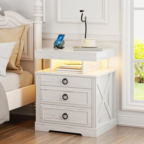Gurexl Mesitas de Noche LED, mesita de Noche con Cargador, Puertos USB y Tipo C Lámpara de Lectura con Sensor de luz Humana, Compartimento Abierto, 2 cajones, Estilo Vintage (Blanco)