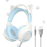 YIK TUNG ヘッドホン 猫耳ヘッドホン ゲーミングヘッドセット 有線ヘッドフォン40MMスピーカー RGBライト付き USBポート マイク付き 柔らかい保護カバー 良い音質 調整可能なサイズ かわいい PS4/PS5/Switch/PC対応 知育・学習・音楽・語学勉強 子供 男女兼用 クリスマス 誕生日 新年 プレゼント 日本語取扱説明書付き (ブルー)